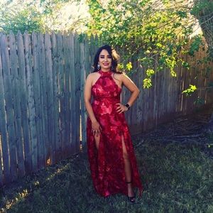 Red see through sequins dress.